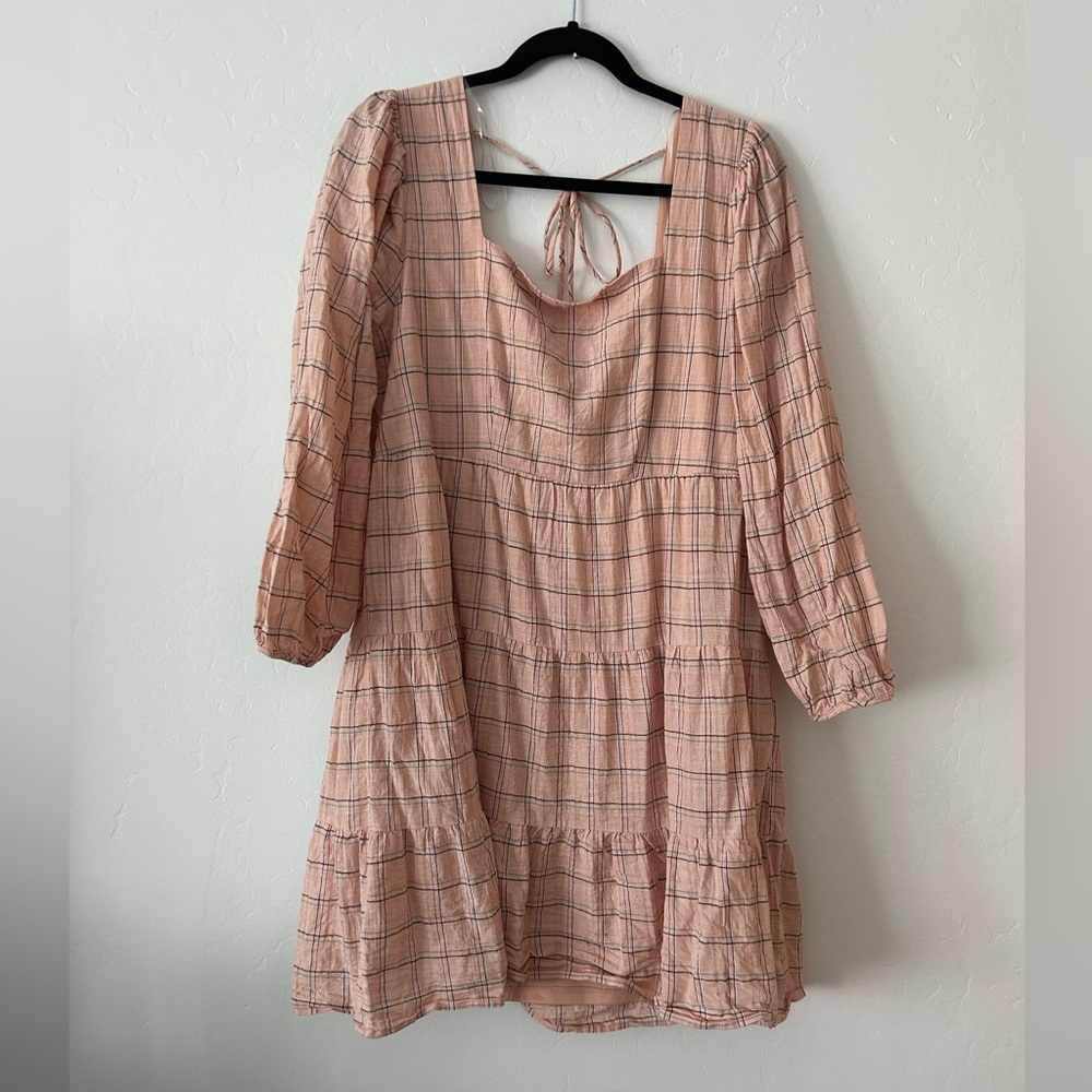 Vylette Tiered Square Neck Long Sleeve Peach Plaid Dress